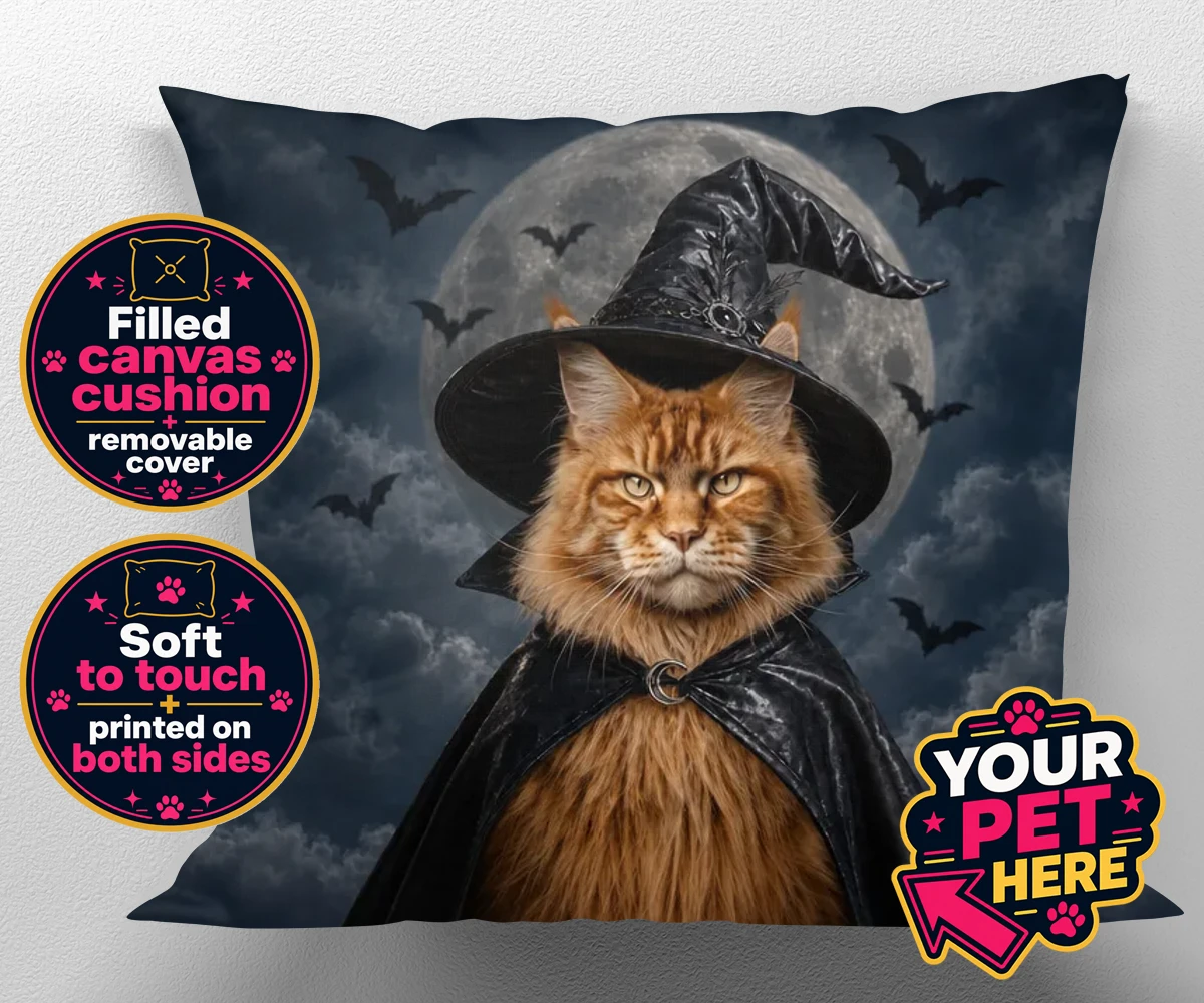 Personalised Paw Witch cat canvas cushions featuring meet the enchanting Paw Witch, a delightful custom portrait that bring