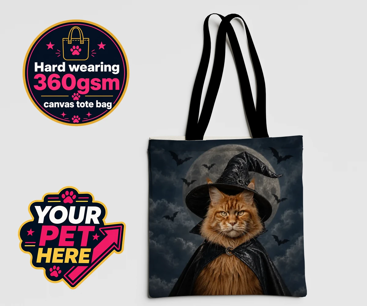 Personalised Paw Witch cat canvas tote bags featuring meet the enchanting Paw Witch, a delightful custom portrait that bring