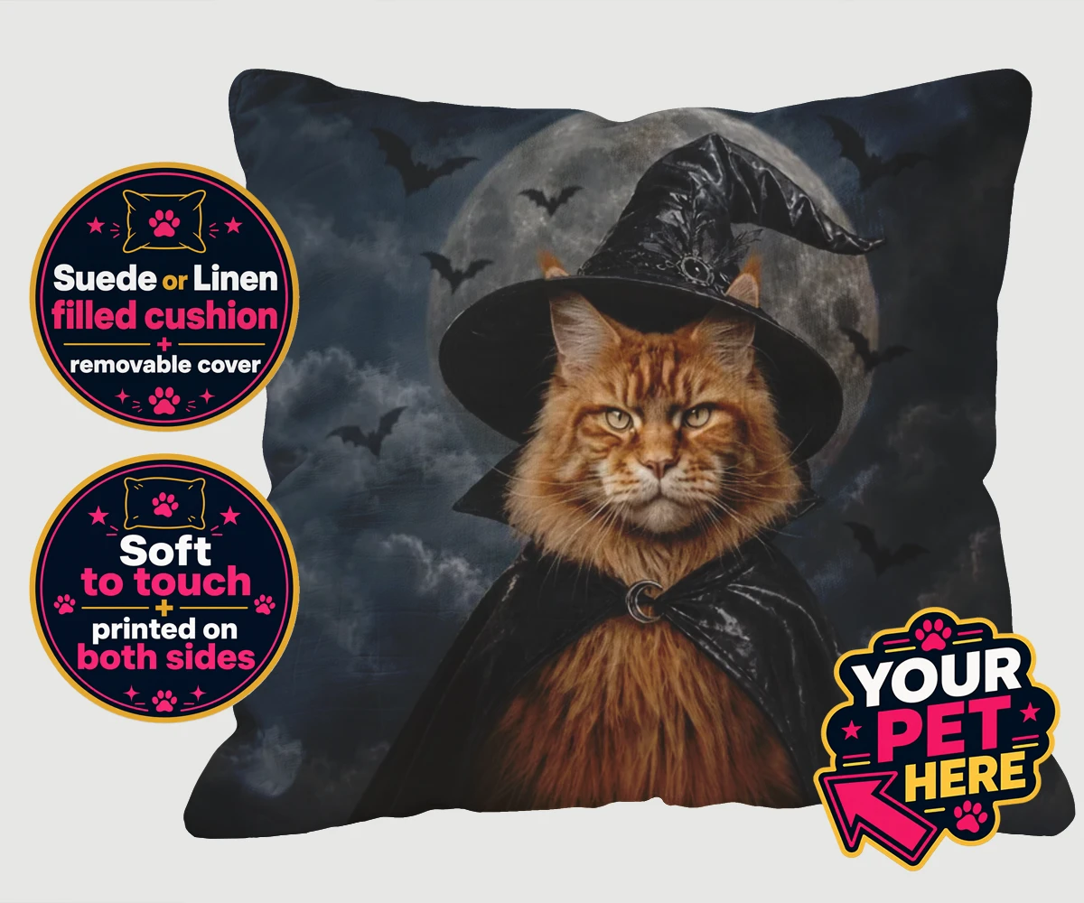 Personalised Paw Witch cat cushions featuring meet the enchanting Paw Witch, a delightful custom portrait that bring