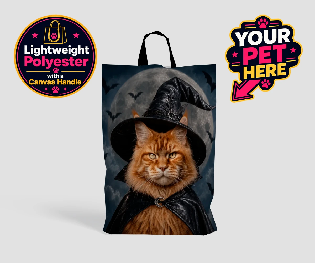Personalised Paw Witch cat shopping bags featuring meet the enchanting Paw Witch, a delightful custom portrait that bring