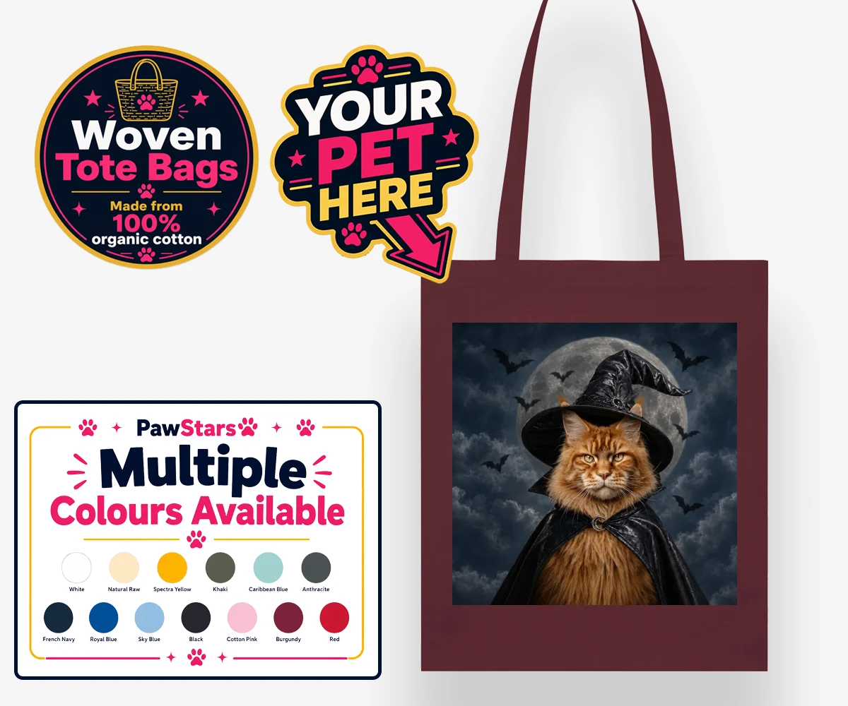 Personalised Paw Witch cat woven tote bags featuring meet the enchanting Paw Witch, a delightful custom portrait that bring