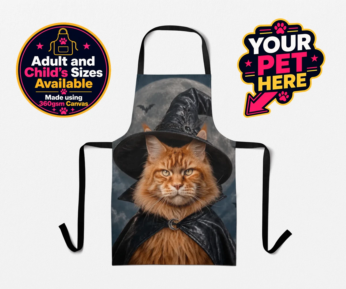Personalised Paw Witch cat aprons featuring meet the enchanting Paw Witch, a delightful custom portrait that bring
