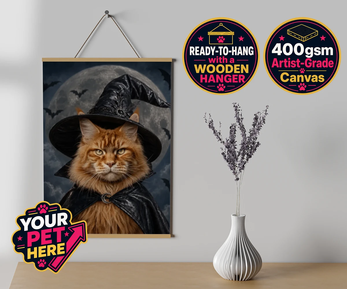 Personalised Paw Witch cat canvas poster prints with hanger featuring meet the enchanting Paw Witch, a delightful custom portrait that bring