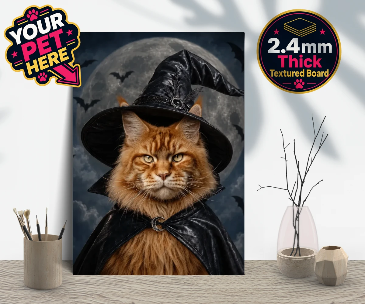 Personalised Paw Witch cat gallery boards featuring meet the enchanting Paw Witch, a delightful custom portrait that bring