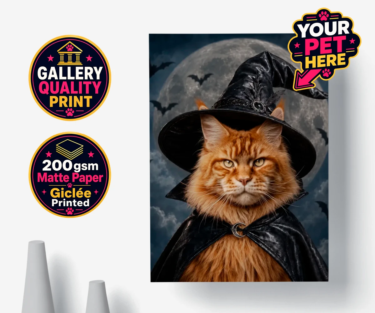 Personalised Paw Witch cat premium poster print featuring meet the enchanting Paw Witch, a delightful custom portrait that bring