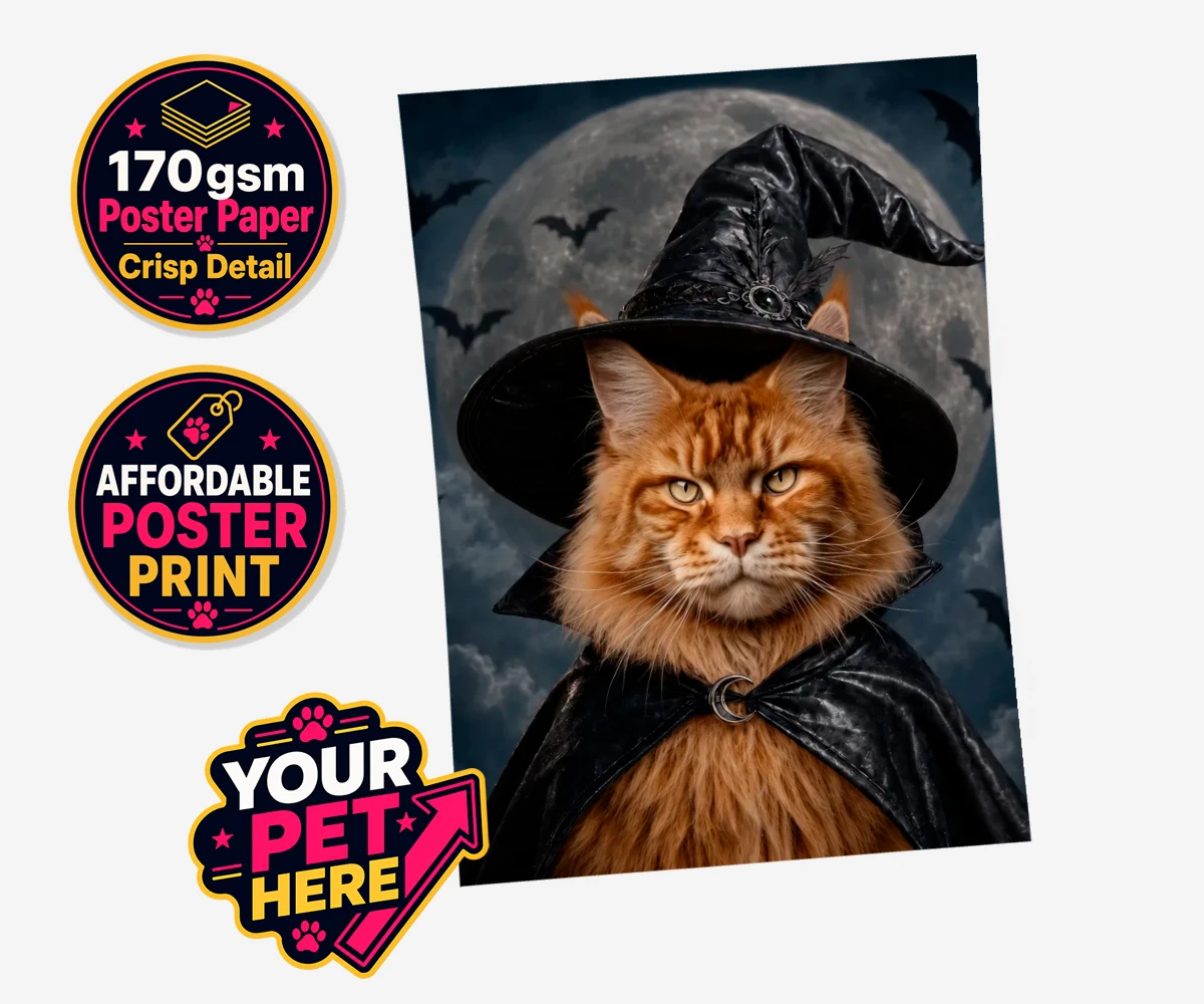 Personalised Paw Witch cat standard poster print featuring meet the enchanting Paw Witch, a delightful custom portrait that bring