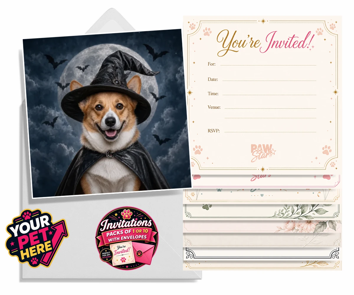Personalised Paw Witch dog invitations featuring introduce a sprinkle of magic into your home with our enchanting Paw W