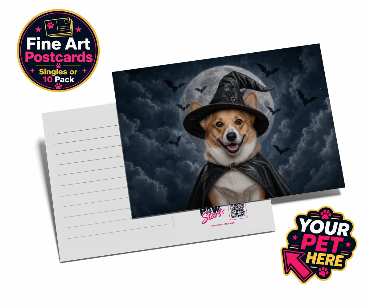Personalised Paw Witch dog postcards featuring introduce a sprinkle of magic into your home with our enchanting Paw W
