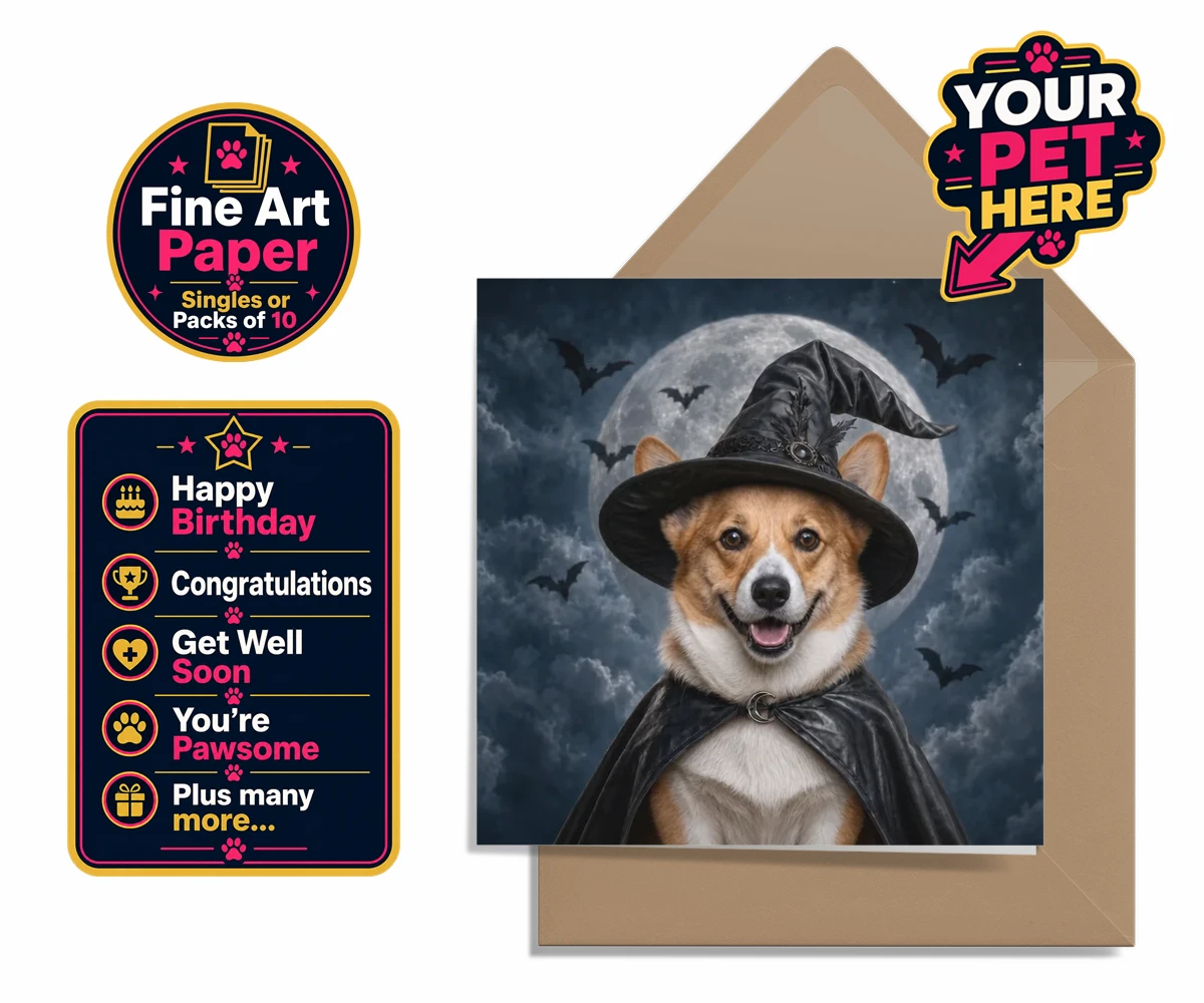 Personalised Paw Witch dog premium greetings cards featuring introduce a sprinkle of magic into your home with our enchanting Paw W