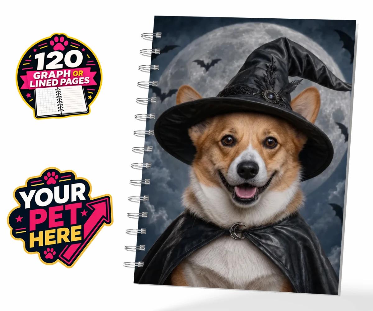 Personalised Paw Witch dog spiral notebook featuring introduce a sprinkle of magic into your home with our enchanting Paw W