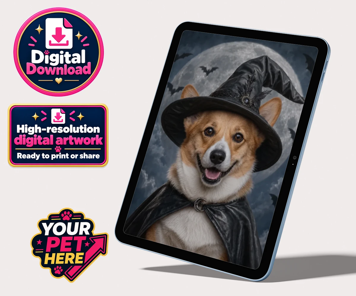 Personalised digital download of Paw Witch dog portrait featuring a witch's hat and a moonlit background
