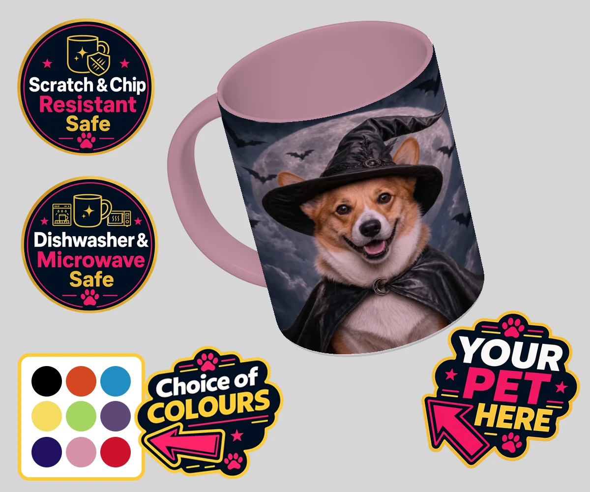 Personalised Paw Witch dog coloured photo mugs featuring introduce a sprinkle of magic into your home with our enchanting Paw W
