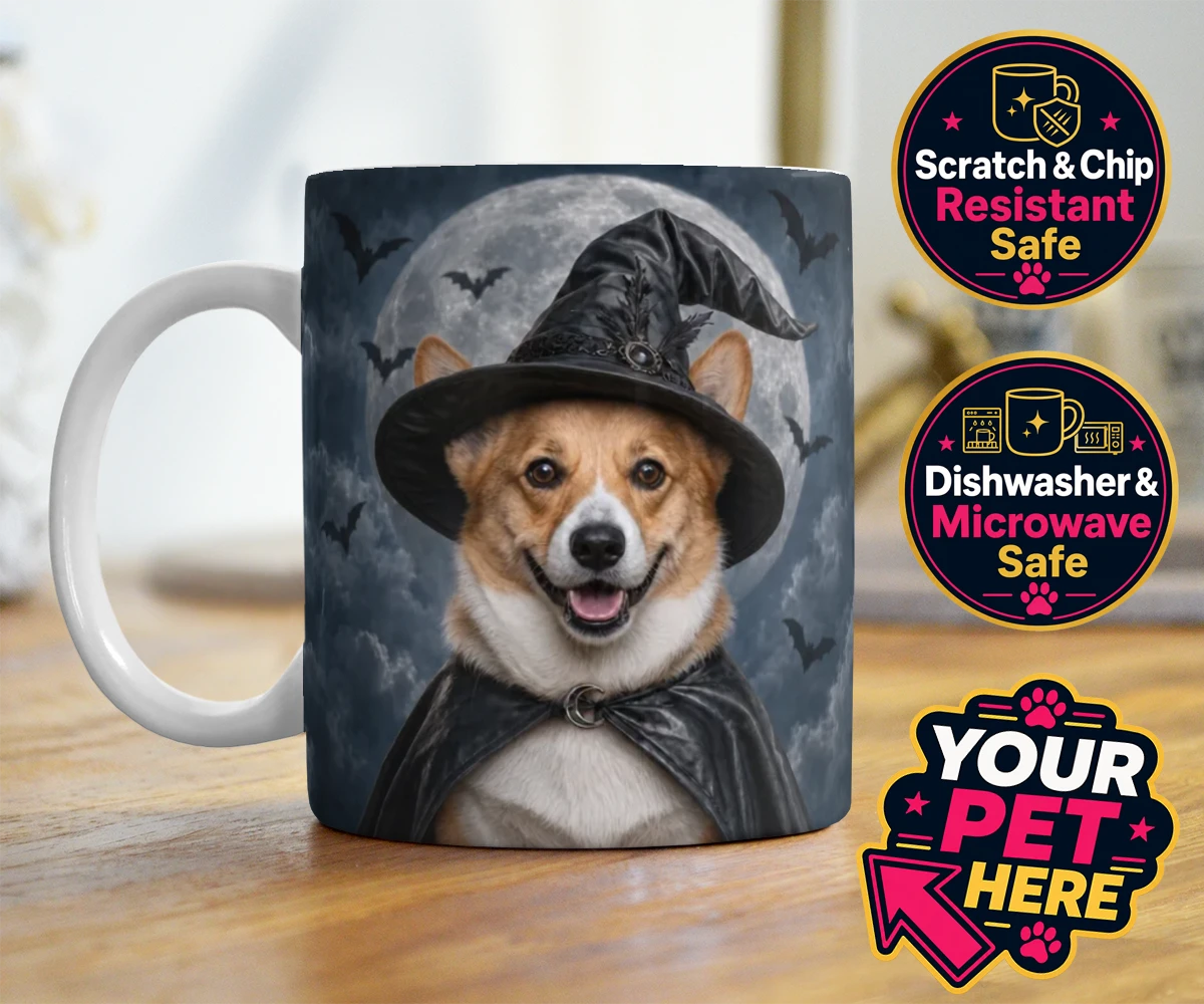 Personalised Paw Witch dog photo mugs featuring introduce a sprinkle of magic into your home with our enchanting Paw W