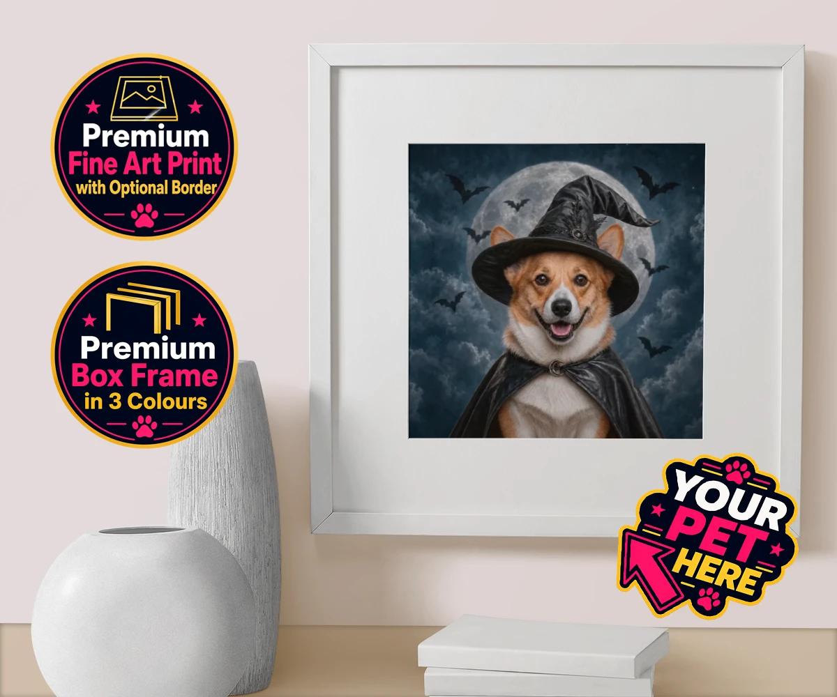 Personalised Paw Witch dog box framed print featuring introduce a sprinkle of magic into your home with our enchanting Paw W