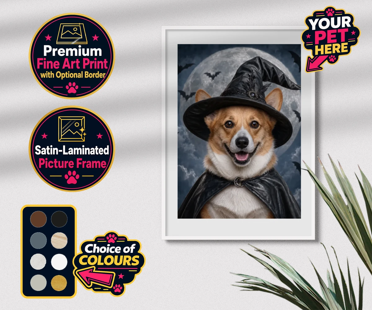 Personalised Paw Witch dog premium framed print featuring introduce a sprinkle of magic into your home with our enchanting Paw W