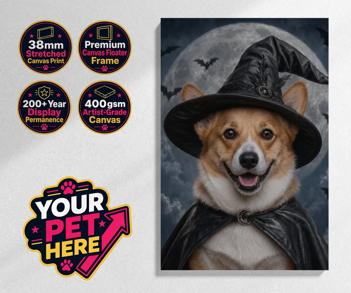 Personalised Paw Witch dog stretched canvas print featuring introduce a sprinkle of magic into your home with our enchanting Paw W