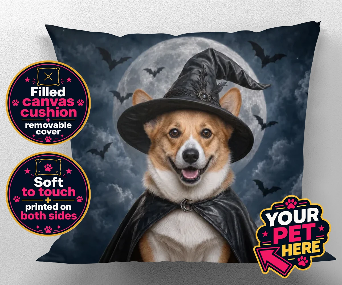 Personalised Paw Witch dog canvas cushions featuring introduce a sprinkle of magic into your home with our enchanting Paw W