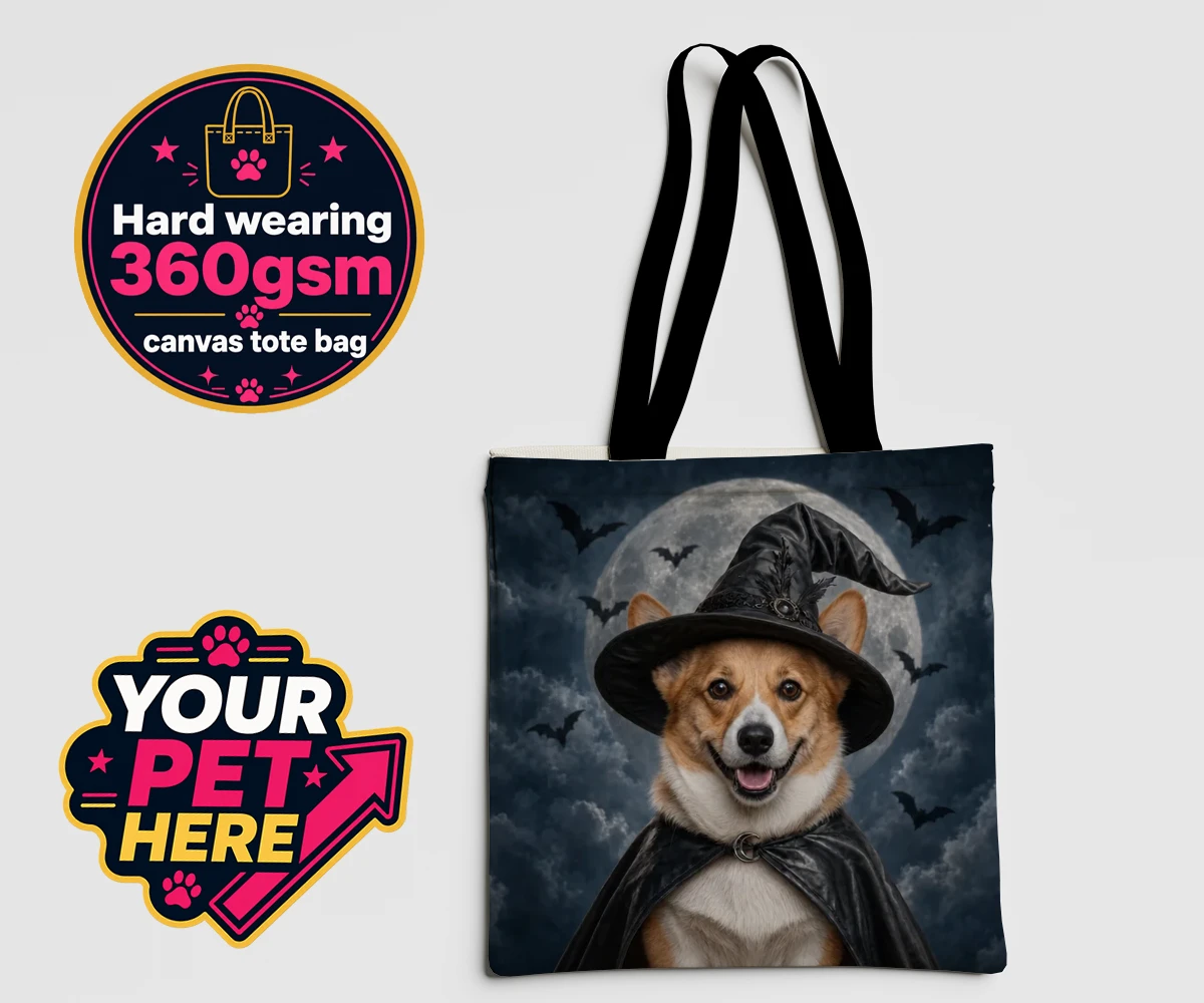 Personalised Paw Witch dog canvas tote bags featuring introduce a sprinkle of magic into your home with our enchanting Paw W