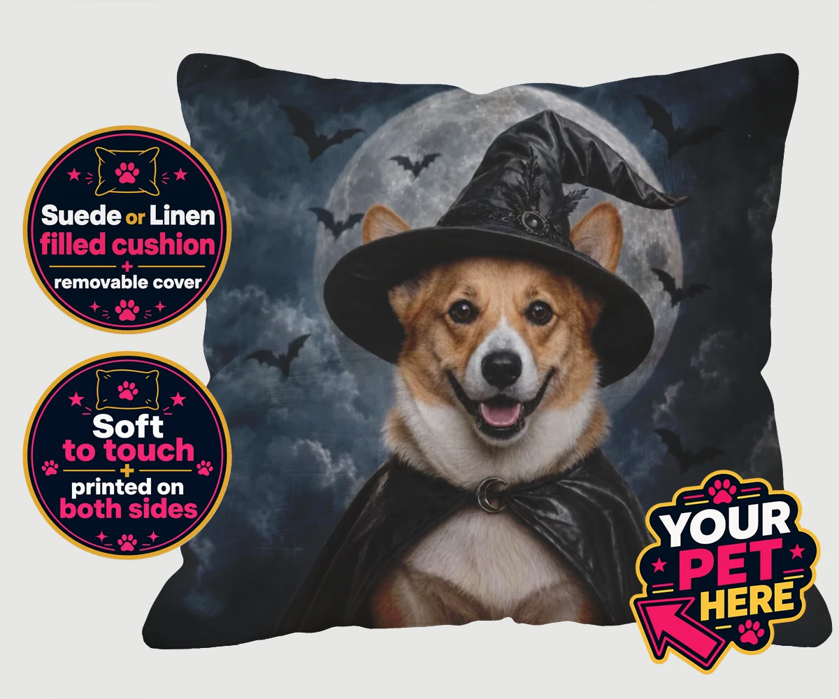 Personalised Paw Witch dog cushions featuring introduce a sprinkle of magic into your home with our enchanting Paw W