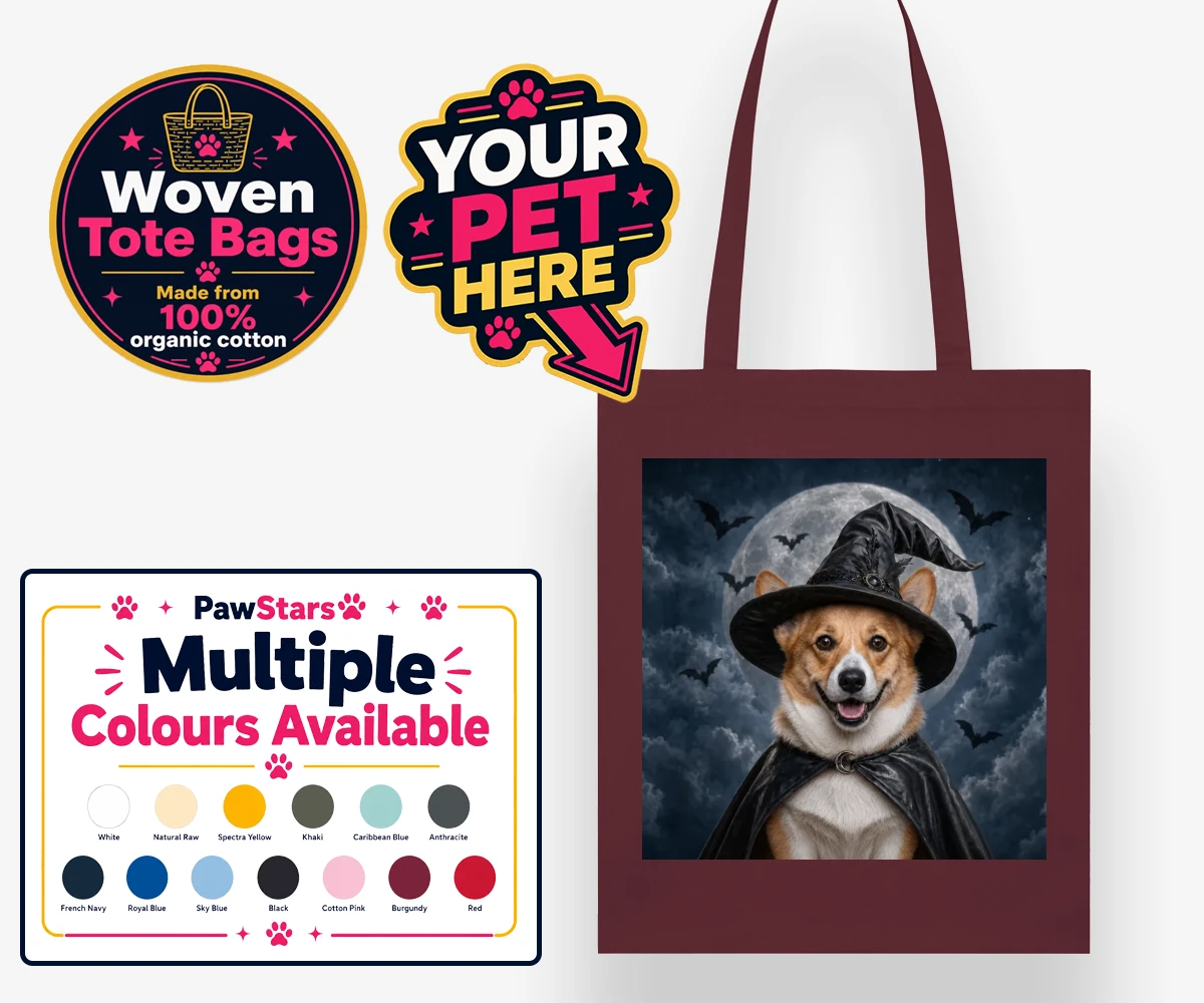 Personalised Paw Witch dog woven tote bags featuring introduce a sprinkle of magic into your home with our enchanting Paw W