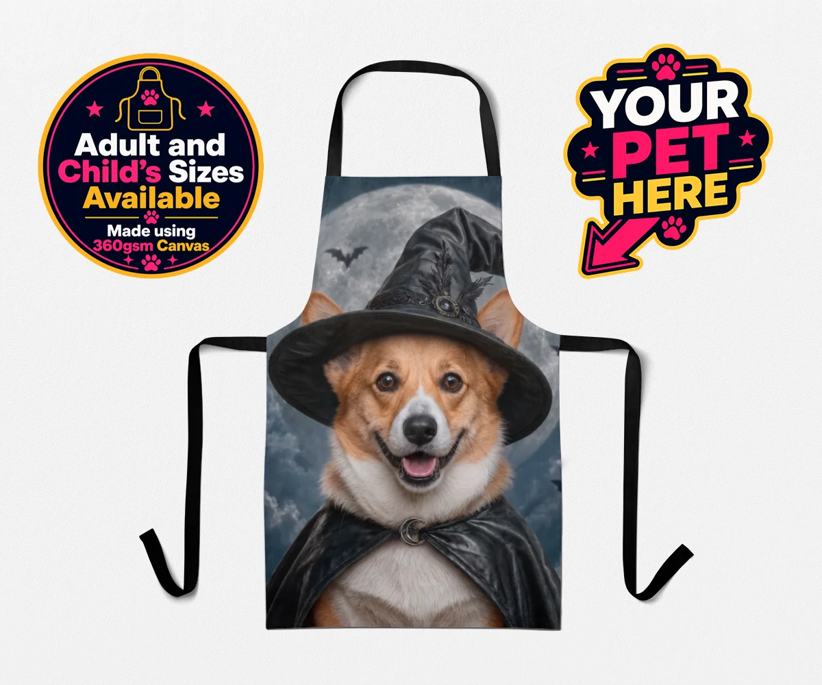 Personalised Paw Witch dog aprons featuring introduce a sprinkle of magic into your home with our enchanting Paw W