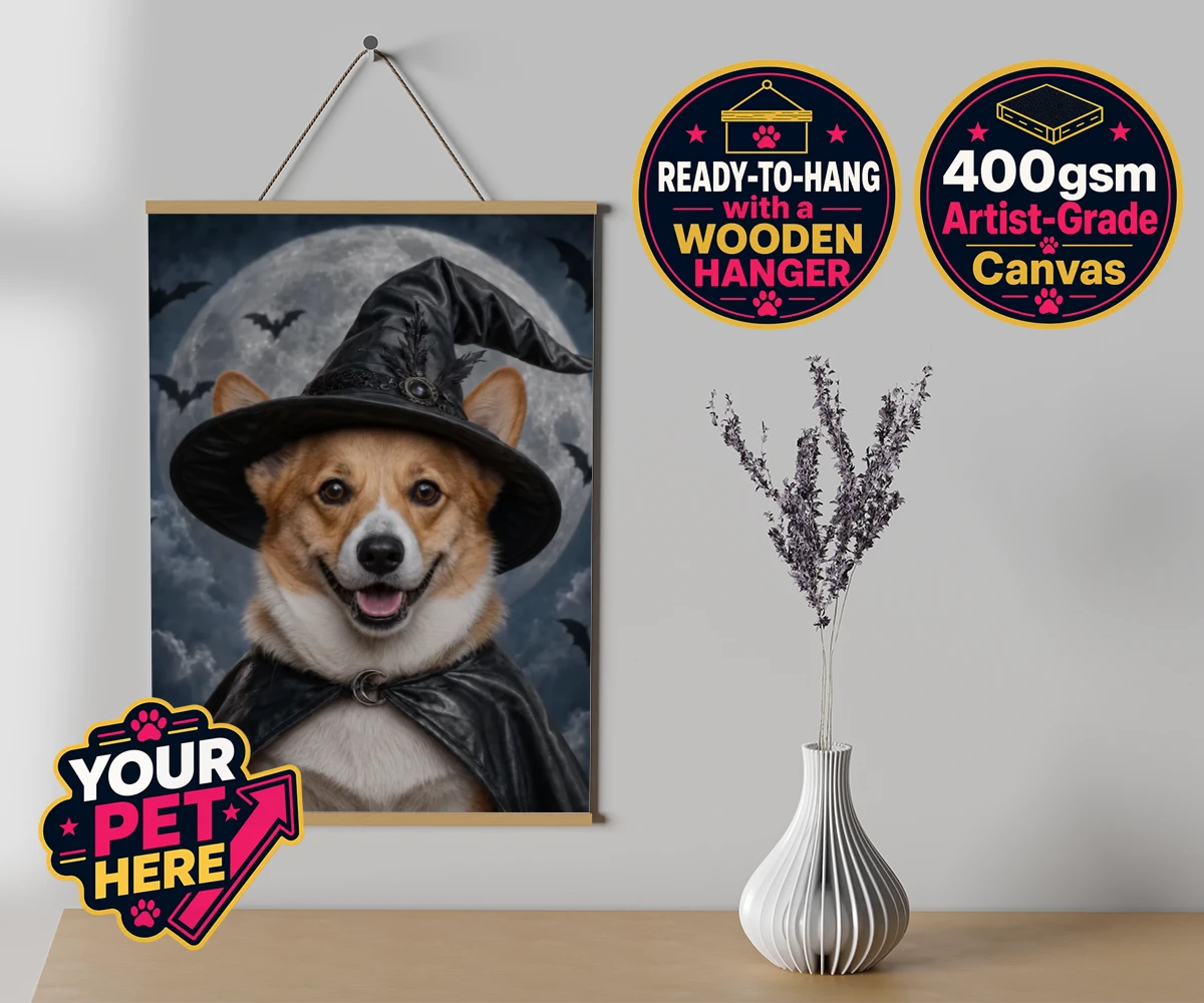 Personalised Paw Witch dog canvas poster prints with hanger featuring introduce a sprinkle of magic into your home with our enchanting Paw W