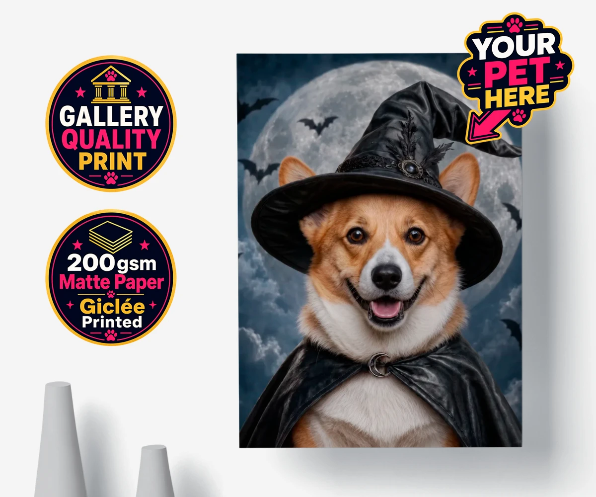 Personalised Paw Witch dog premium poster print featuring introduce a sprinkle of magic into your home with our enchanting Paw W