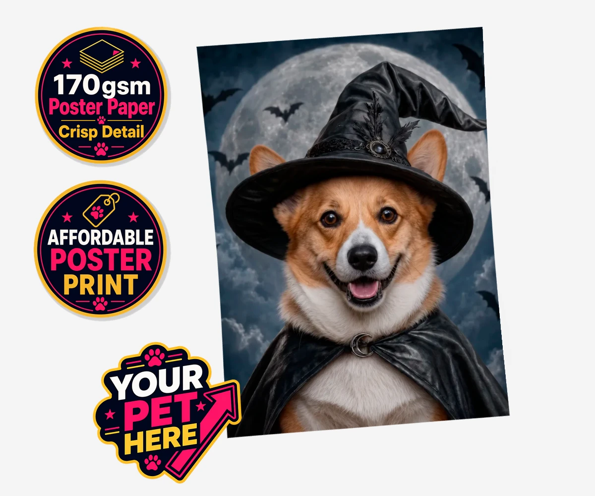Personalised Paw Witch dog standard poster print featuring introduce a sprinkle of magic into your home with our enchanting Paw W