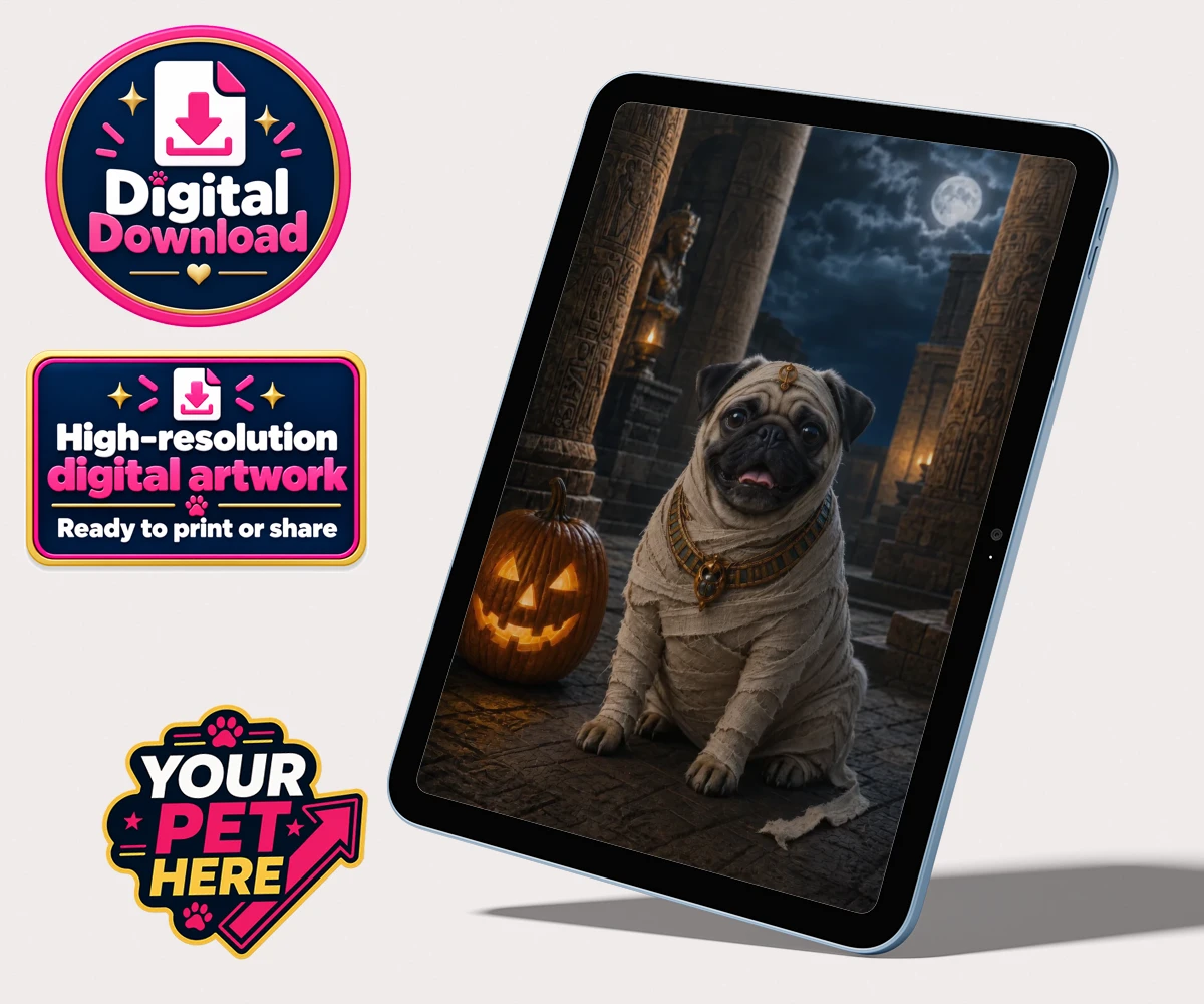 Personalised digital portrait of Mummy Paw, dog character in bandages and Egyptian collar, against a backdrop of stone columns and a jack-o'-lantern