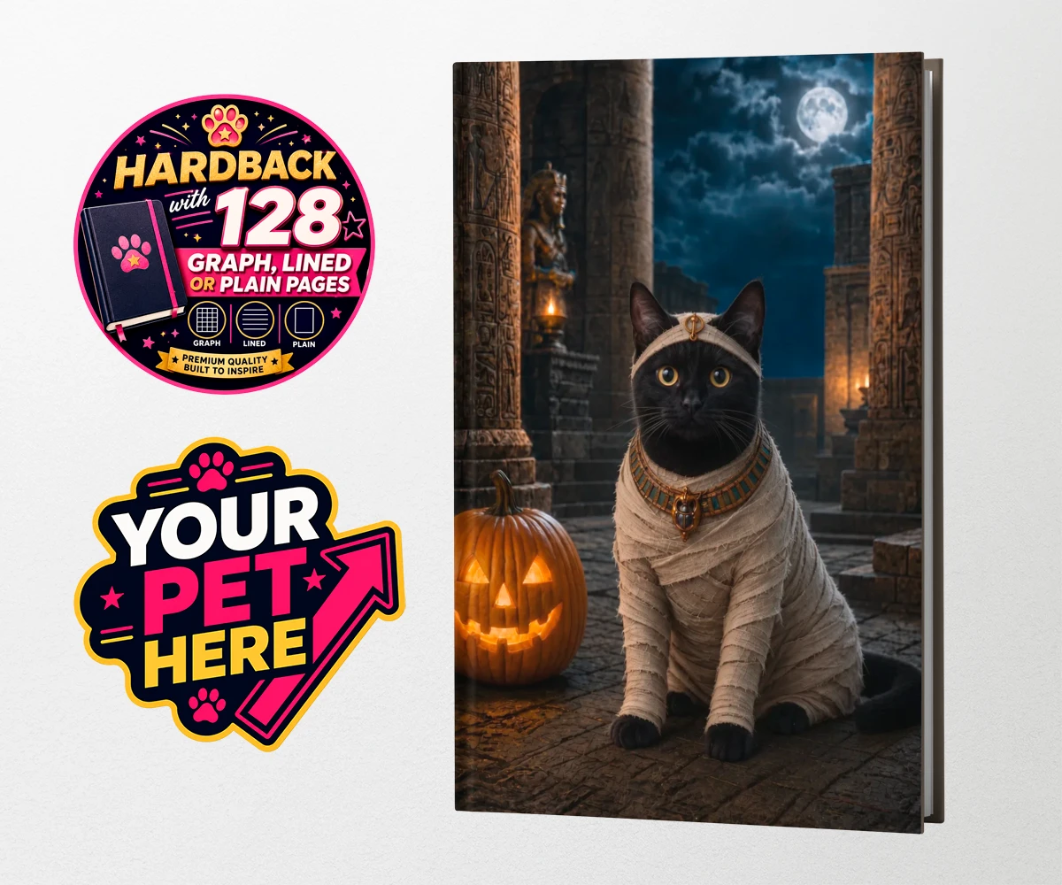 Personalised Mummy Paw cat hardback notebooks featuring meet Mummy Paw, the purr-fect addition to your home this Halloween sea