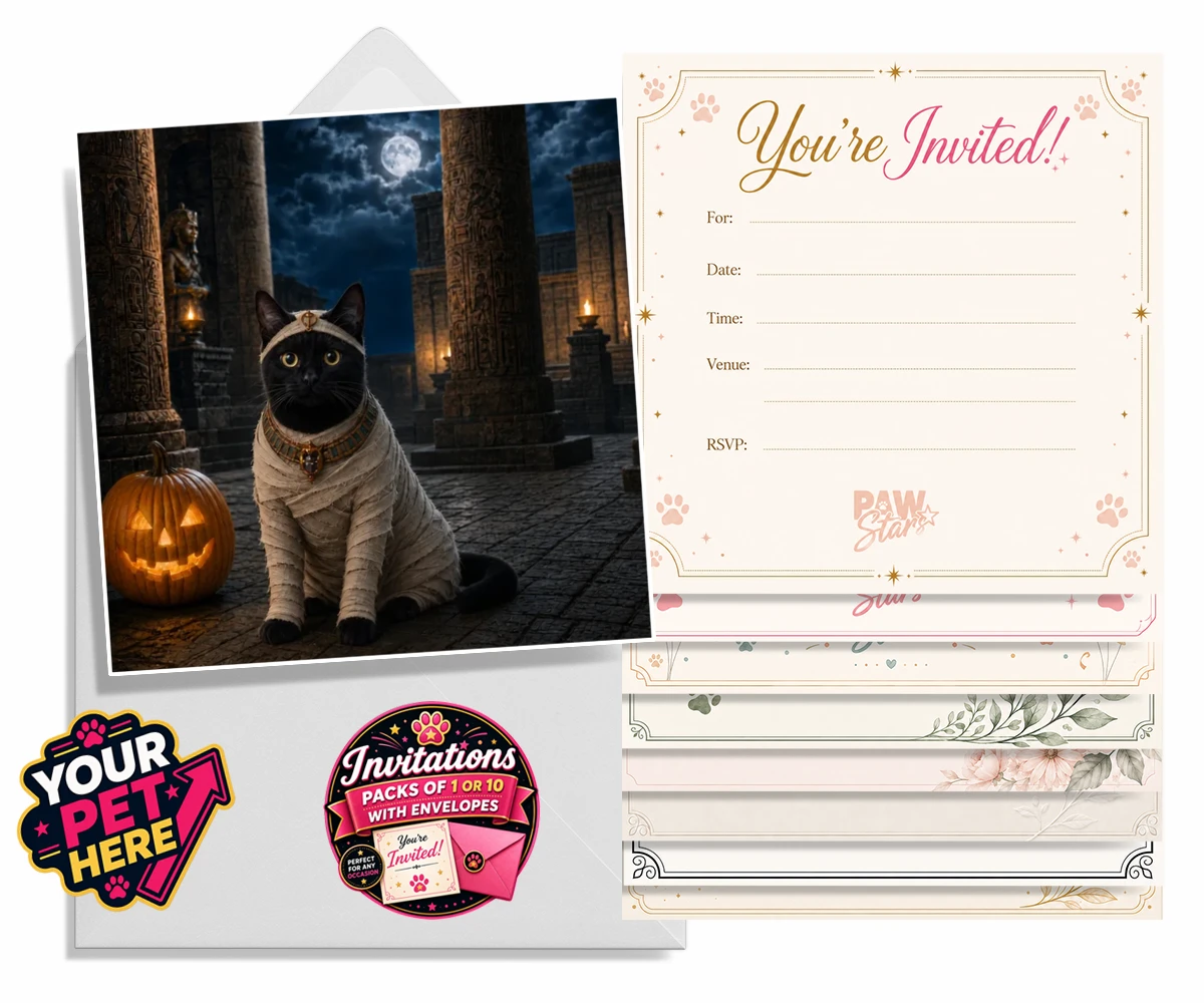 Personalised Mummy Paw cat invitations featuring meet Mummy Paw, the purr-fect addition to your home this Halloween sea