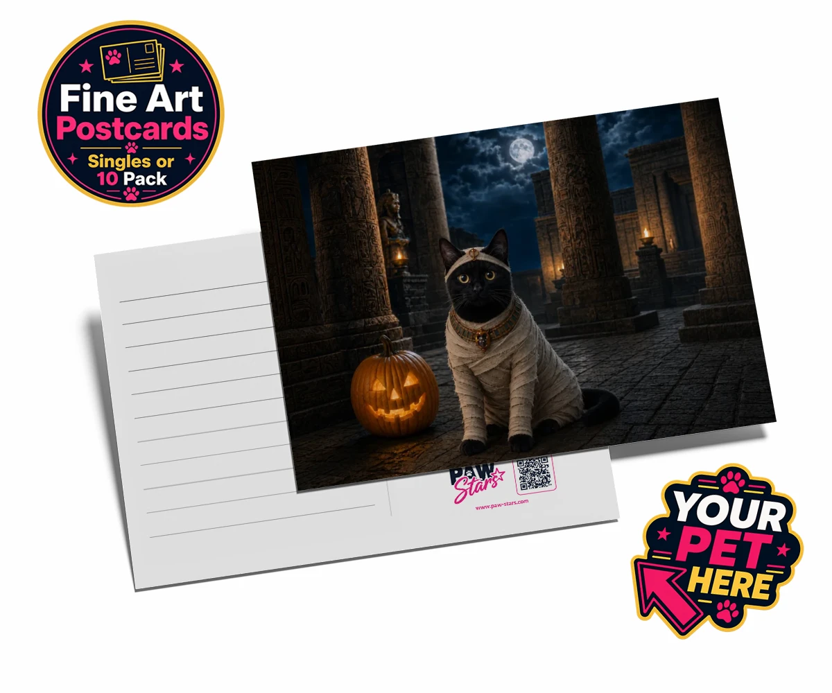 Personalised Mummy Paw cat postcards featuring meet Mummy Paw, the purr-fect addition to your home this Halloween sea