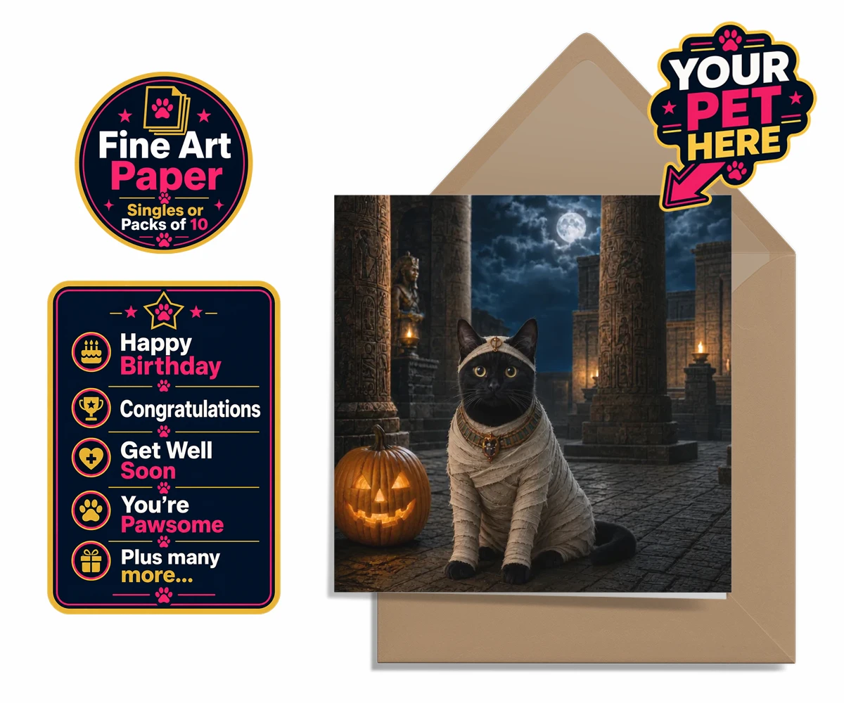 Personalised Mummy Paw cat premium greetings cards featuring meet Mummy Paw, the purr-fect addition to your home this Halloween sea