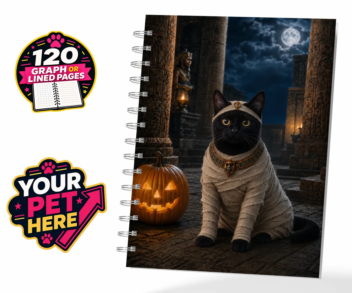 Personalised Mummy Paw cat spiral notebook featuring meet Mummy Paw, the purr-fect addition to your home this Halloween sea
