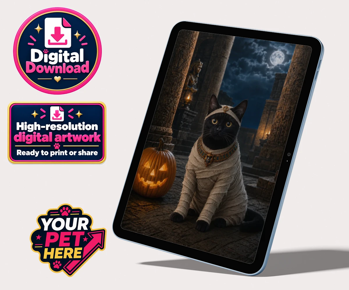 Personalised digital portrait of Mummy Paw, a cat dressed as a regal Egyptian mummy with gemstones against a moonlit backdrop.