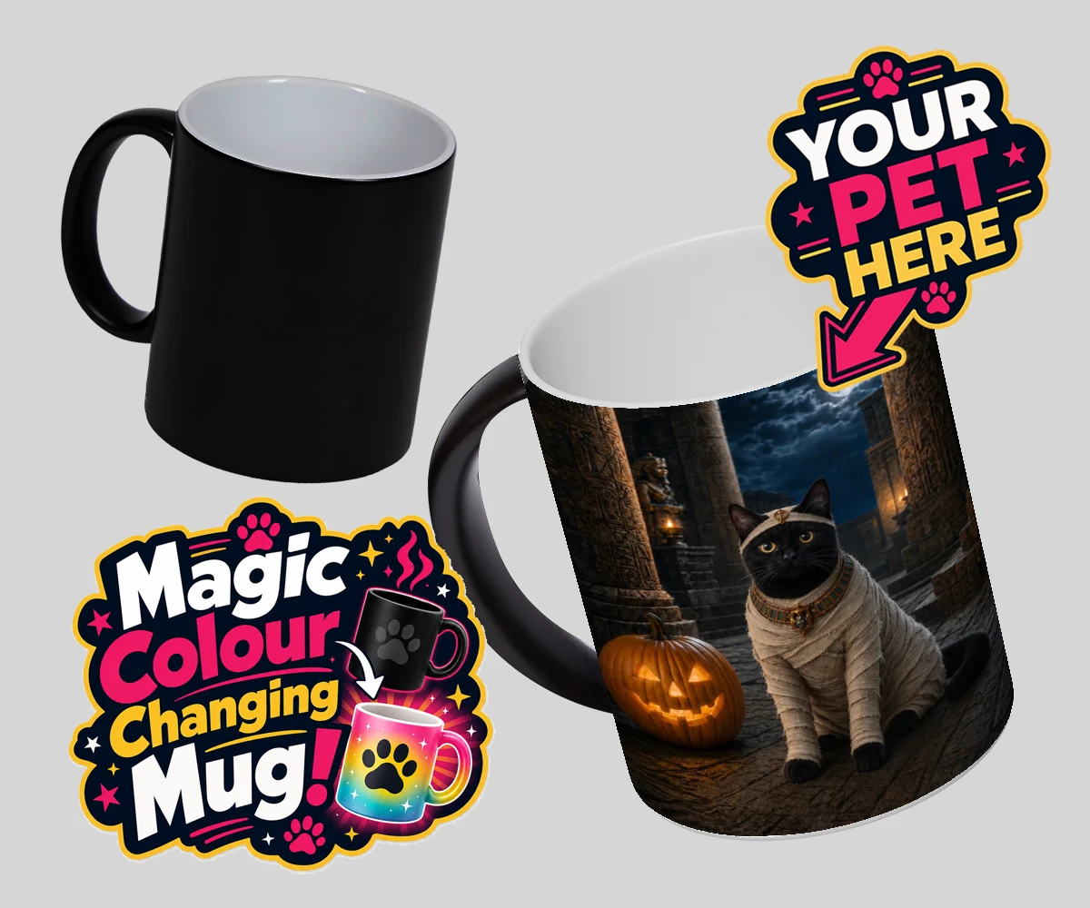 Personalised Mummy Paw cat magic photo mugs featuring meet Mummy Paw, the purr-fect addition to your home this Halloween sea
