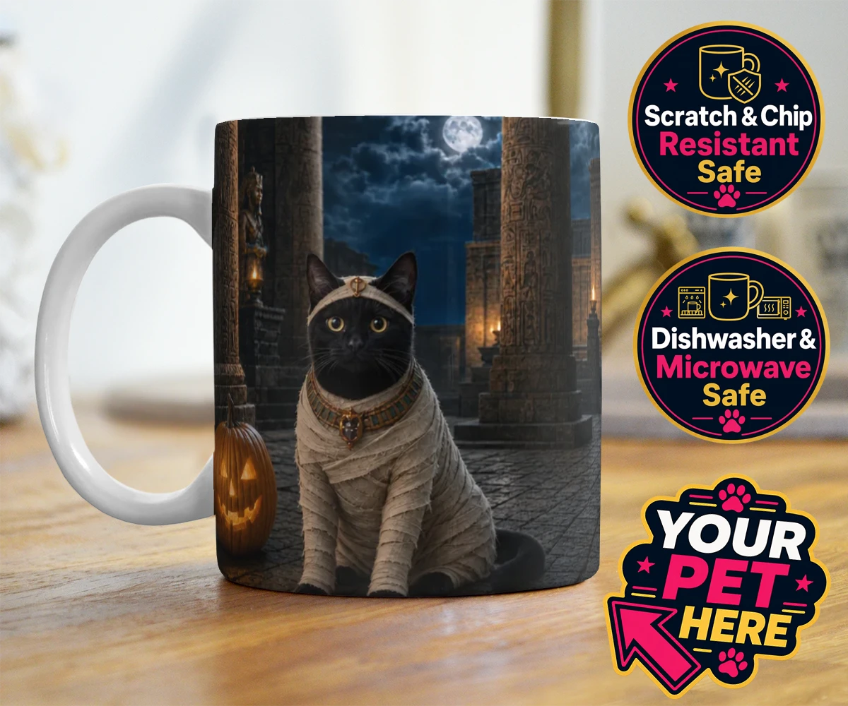 Personalised Mummy Paw cat photo mugs featuring meet Mummy Paw, the purr-fect addition to your home this Halloween sea