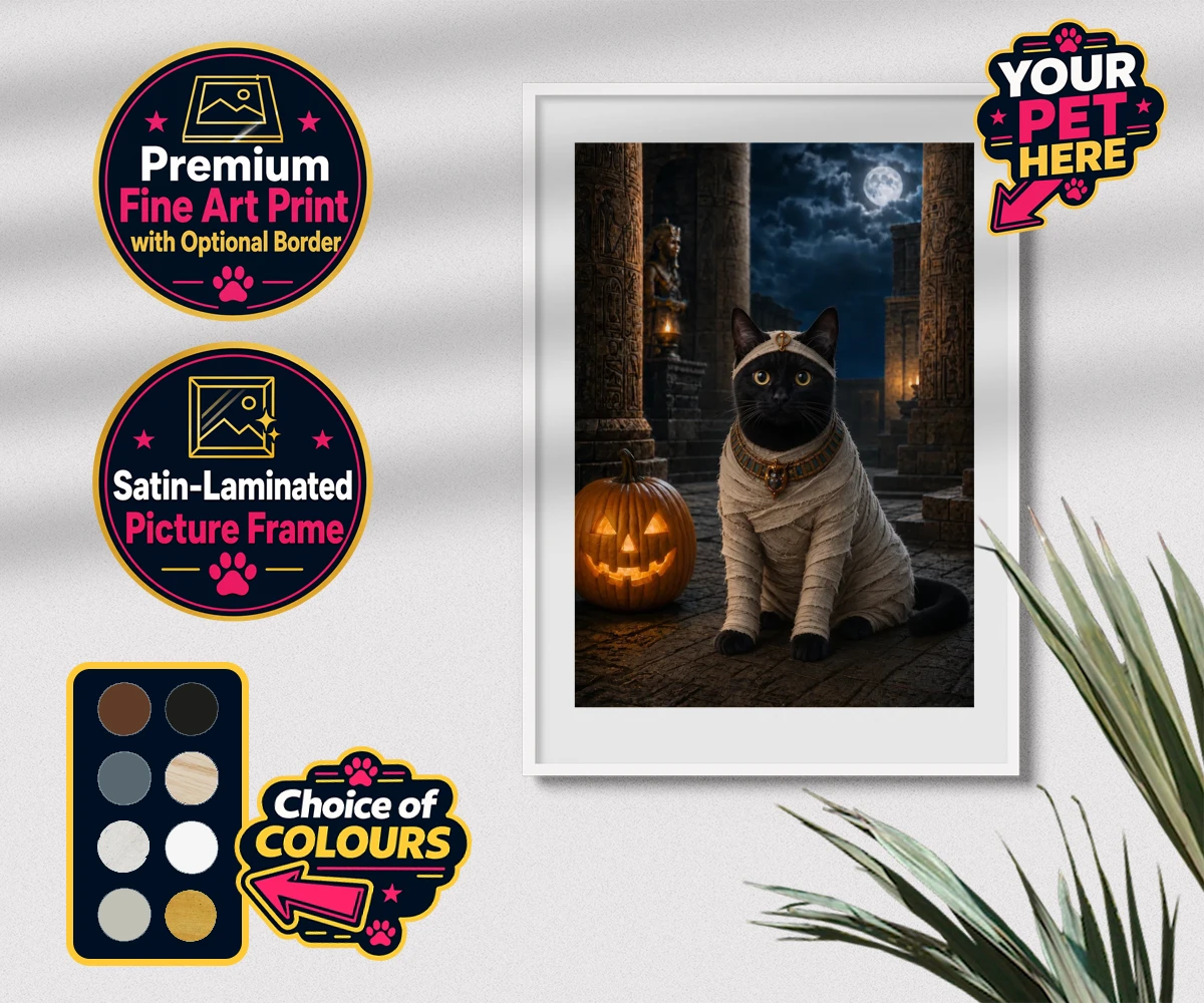 Personalised Mummy Paw cat premium framed print featuring meet Mummy Paw, the purr-fect addition to your home this Halloween sea