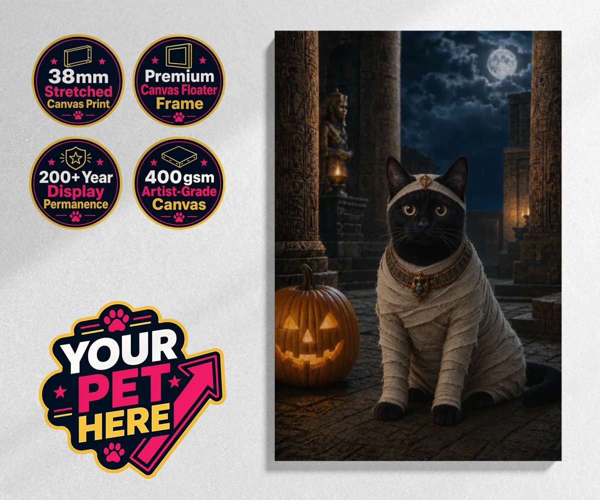 Personalised Mummy Paw cat stretched canvas print featuring meet Mummy Paw, the purr-fect addition to your home this Halloween sea