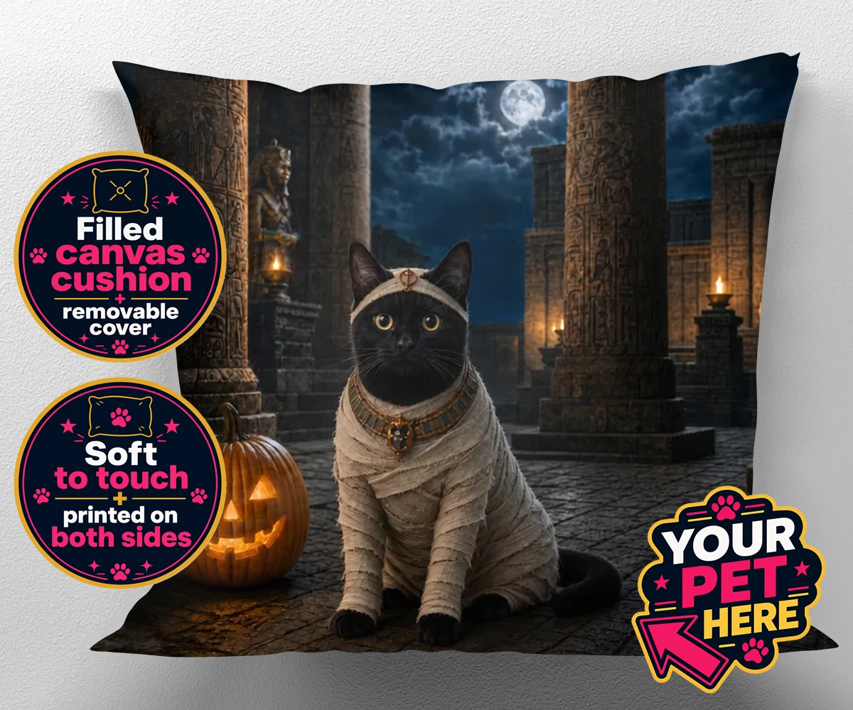 Personalised Mummy Paw cat canvas cushions featuring meet Mummy Paw, the purr-fect addition to your home this Halloween sea