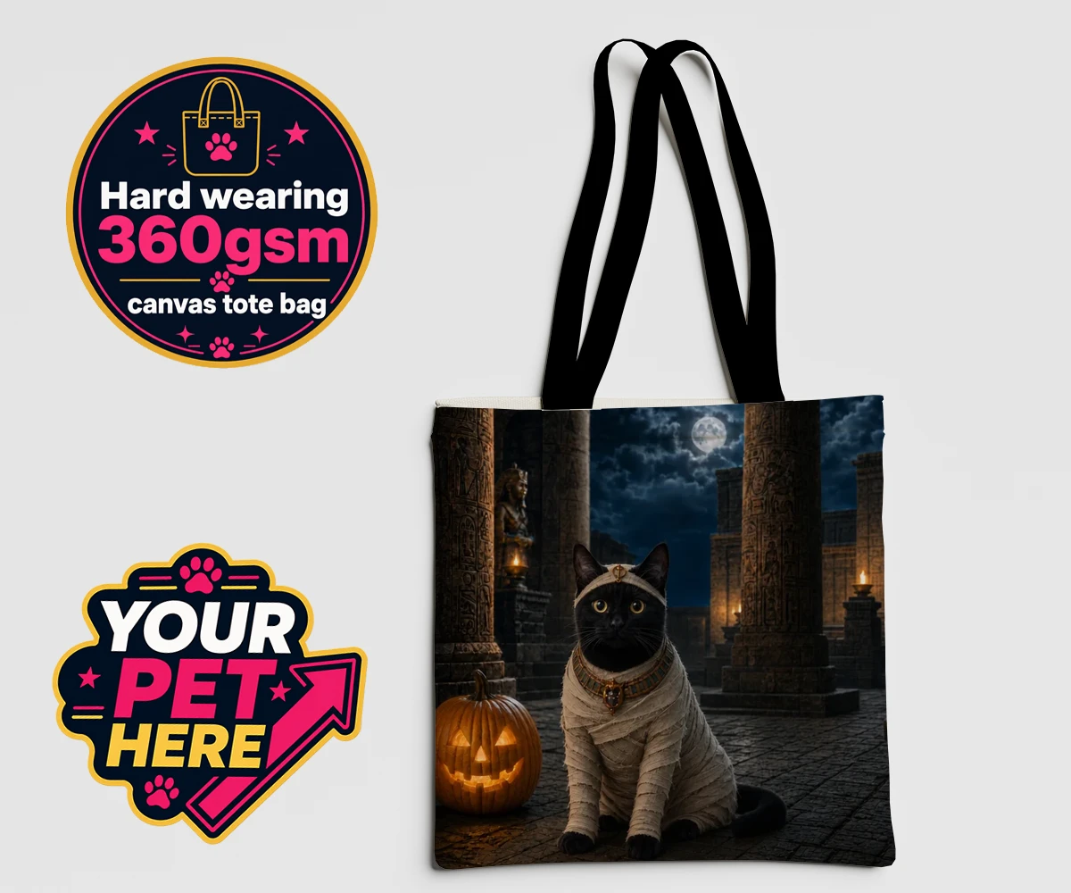 Personalised Mummy Paw cat canvas tote bags featuring meet Mummy Paw, the purr-fect addition to your home this Halloween sea