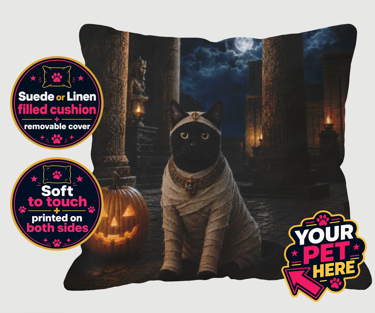 Personalised Mummy Paw cat cushions featuring meet Mummy Paw, the purr-fect addition to your home this Halloween sea