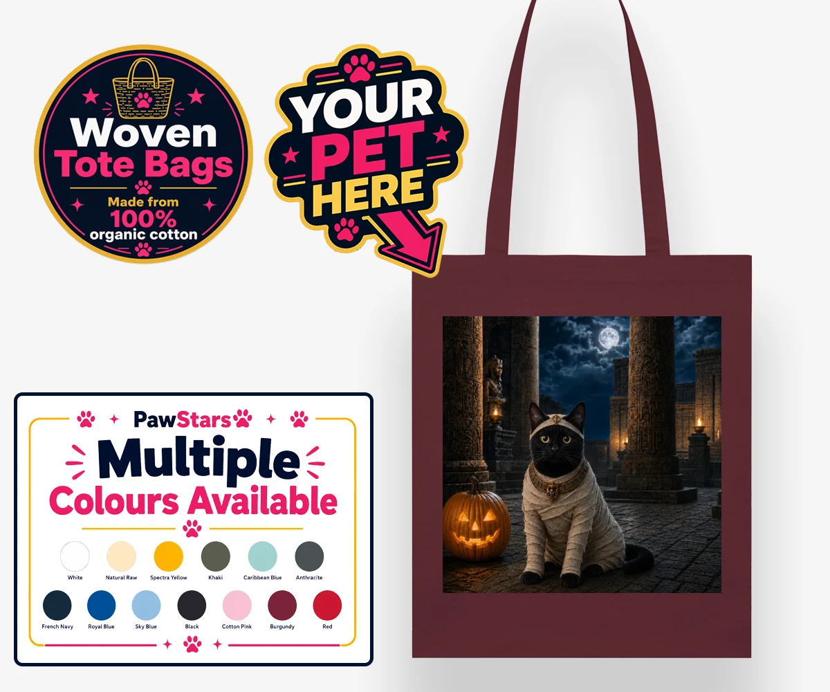 Personalised Mummy Paw cat woven tote bags featuring meet Mummy Paw, the purr-fect addition to your home this Halloween sea