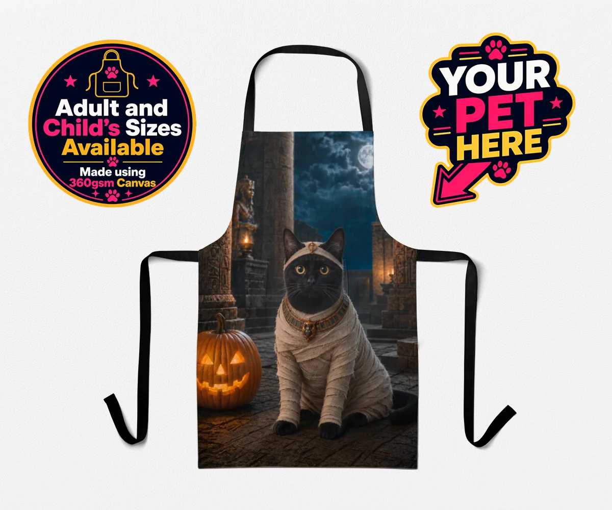 Personalised Mummy Paw cat aprons featuring meet Mummy Paw, the purr-fect addition to your home this Halloween sea