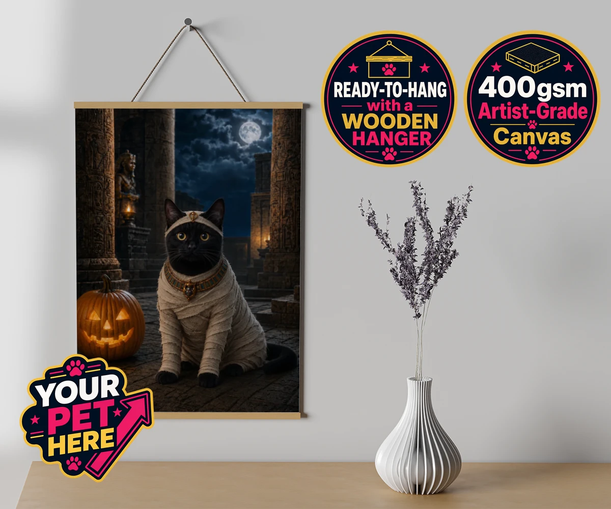 Personalised Mummy Paw cat canvas poster prints with hanger featuring meet Mummy Paw, the purr-fect addition to your home this Halloween sea
