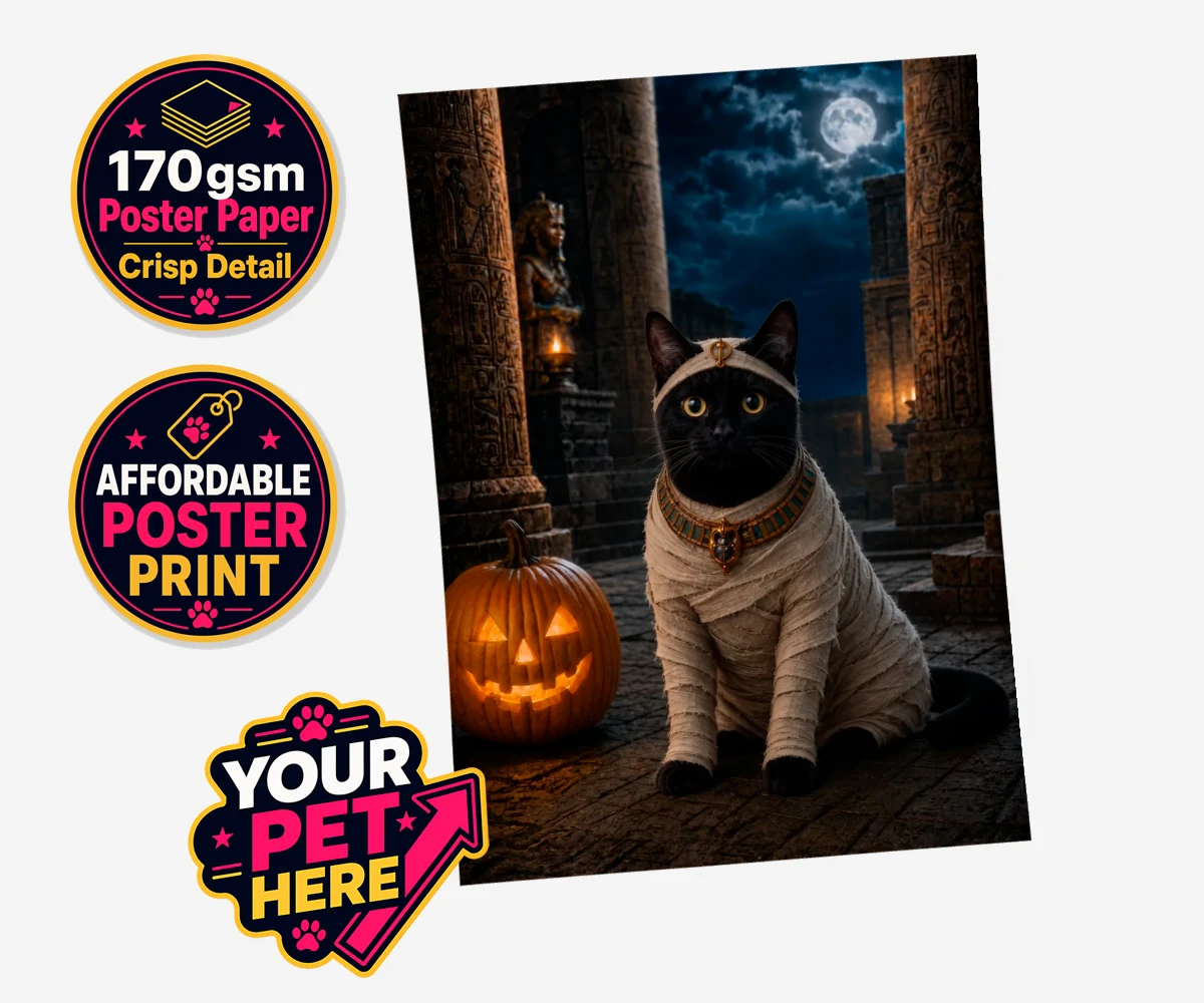 Personalised Mummy Paw cat standard poster print featuring meet Mummy Paw, the purr-fect addition to your home this Halloween sea