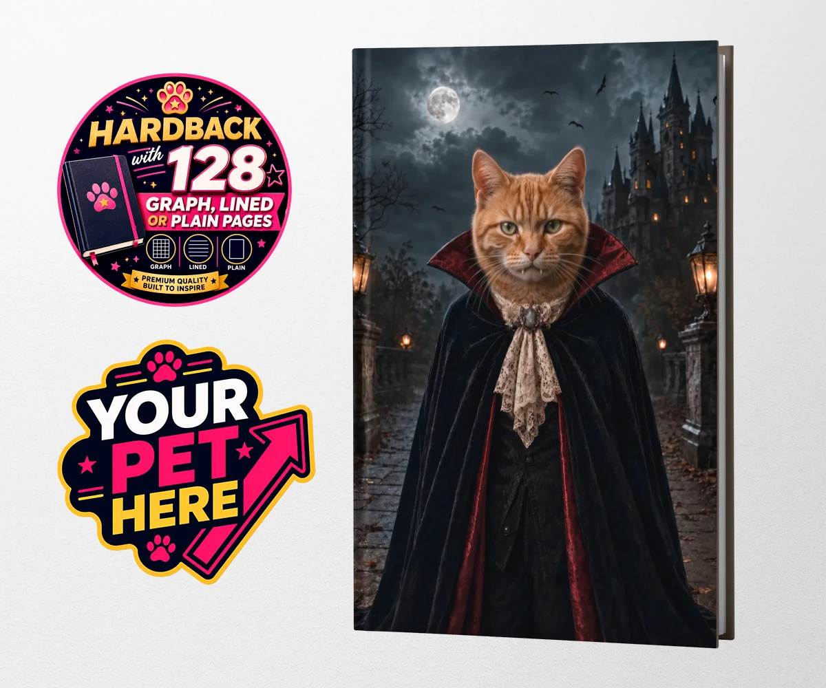 Personalised Dracula Paw cat hardback notebooks featuring meet Dracula Paw, the purrr-fect blend of feline charm and gothic flai