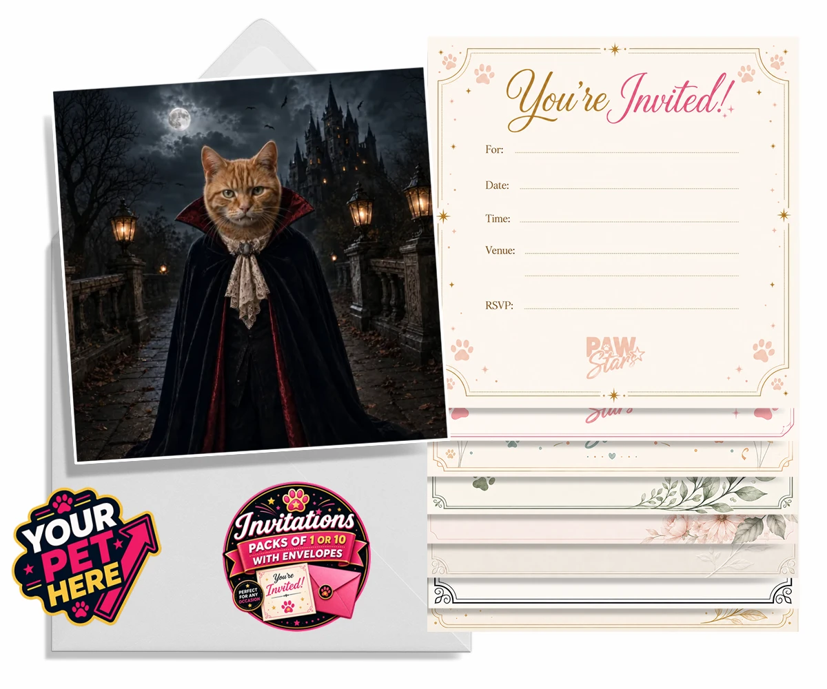 Personalised Dracula Paw cat invitations featuring meet Dracula Paw, the purrr-fect blend of feline charm and gothic flai