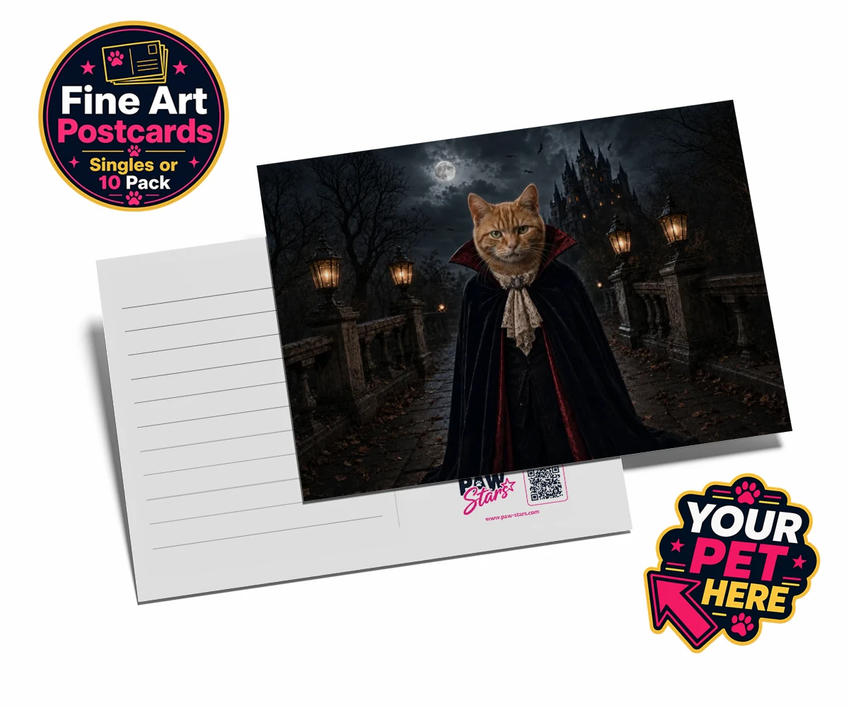 Personalised Dracula Paw cat postcards featuring meet Dracula Paw, the purrr-fect blend of feline charm and gothic flai