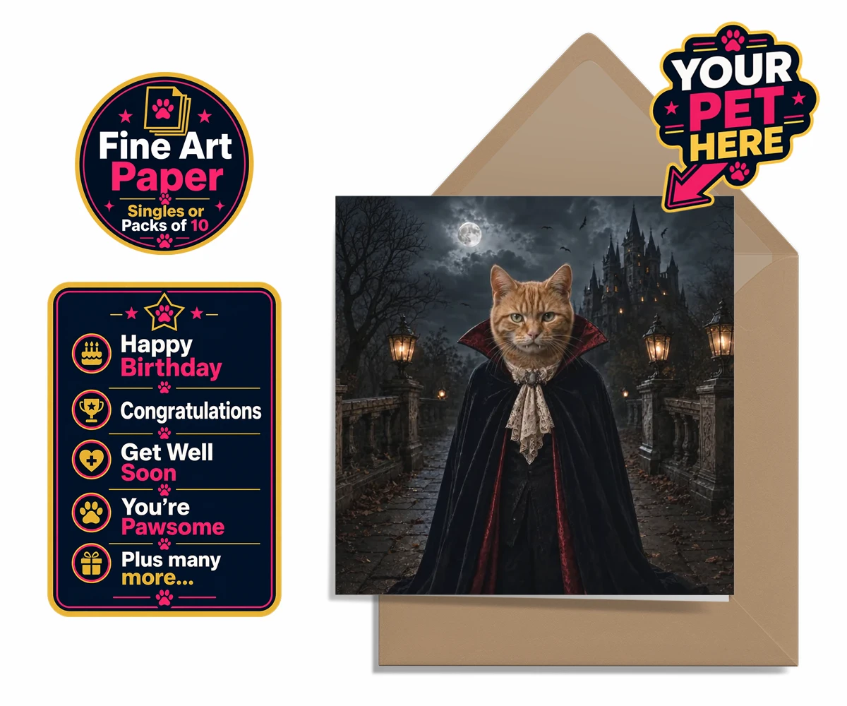 Personalised Dracula Paw cat premium greetings cards featuring meet Dracula Paw, the purrr-fect blend of feline charm and gothic flai